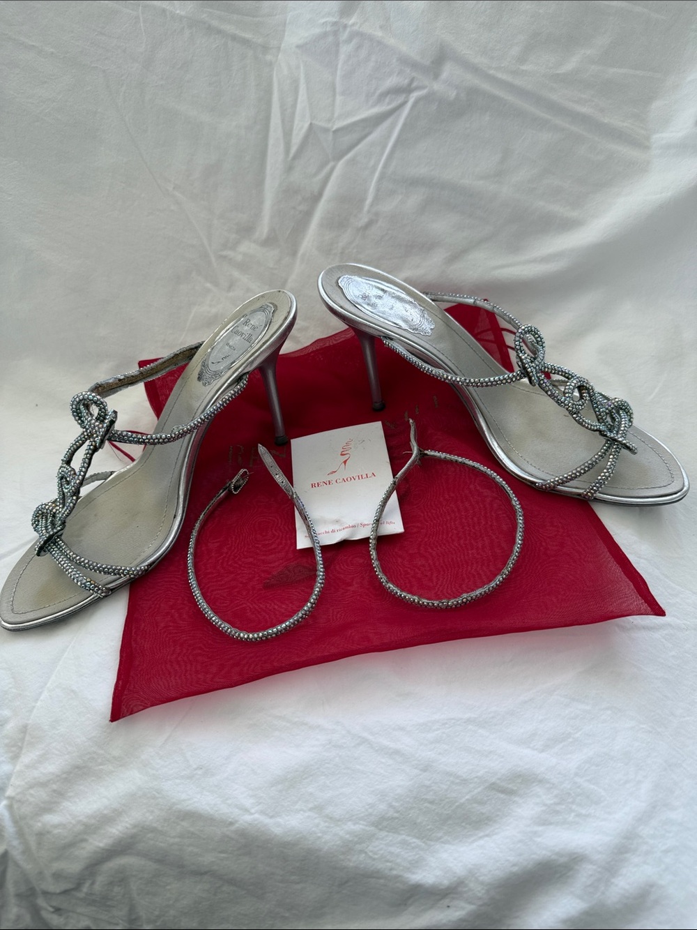 Vintage Rene Caovilla Silver Crystal Knot Strap Heels - Picture 5 of 5